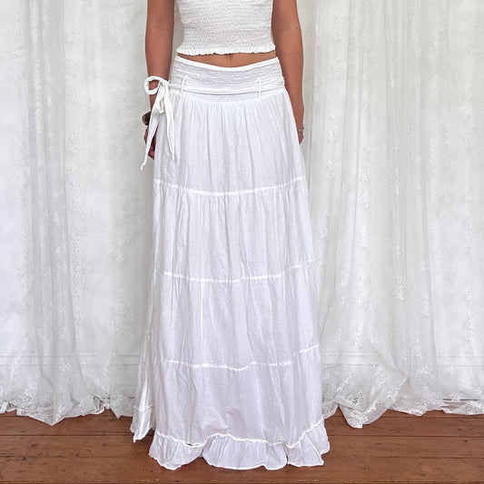 vintage 00s white tiered maxi skirt with attached belt