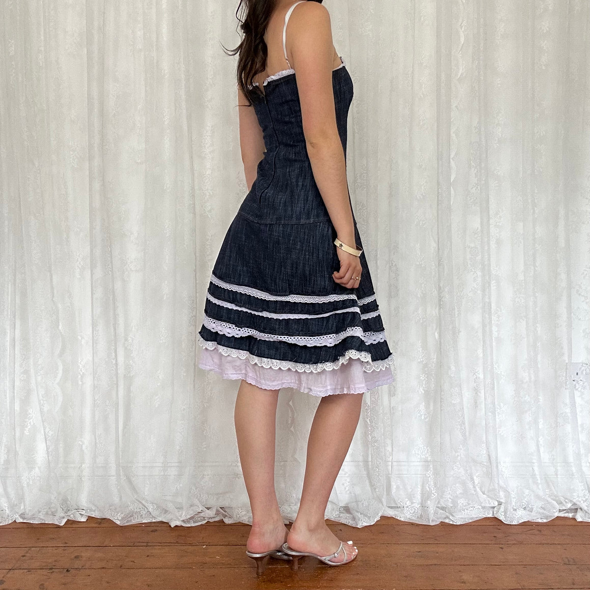 vintage 00s denim midi dress with broderie trim