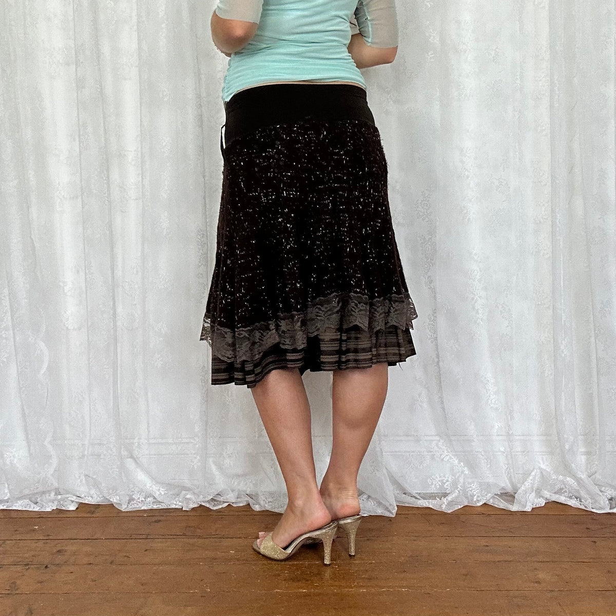 vintage 00s brown knitted lace fairy midi skirt