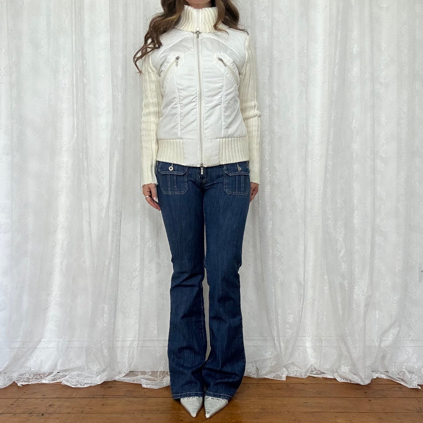 vintage 00s white cream cable knit puff jacket/jumper