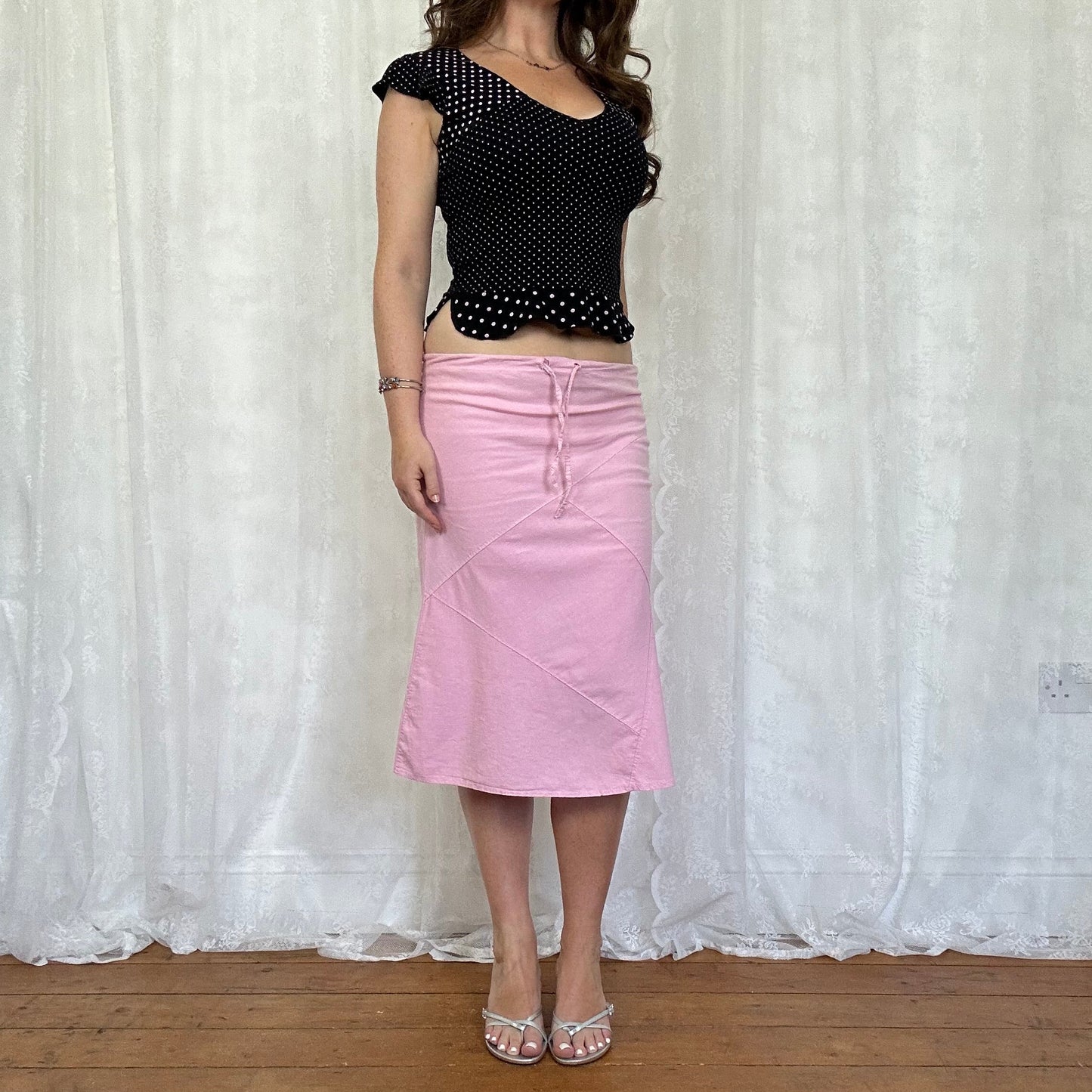 vintage 00s pink and black polka dot top