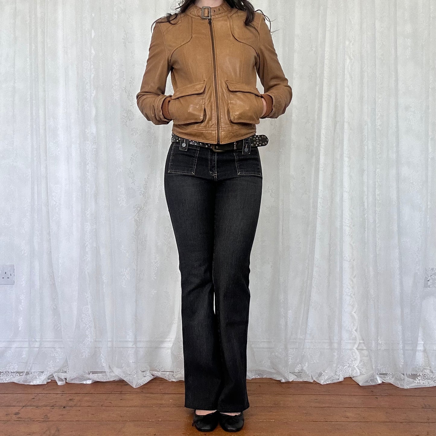 vintage 00s tan leather genuine leather biker jacket