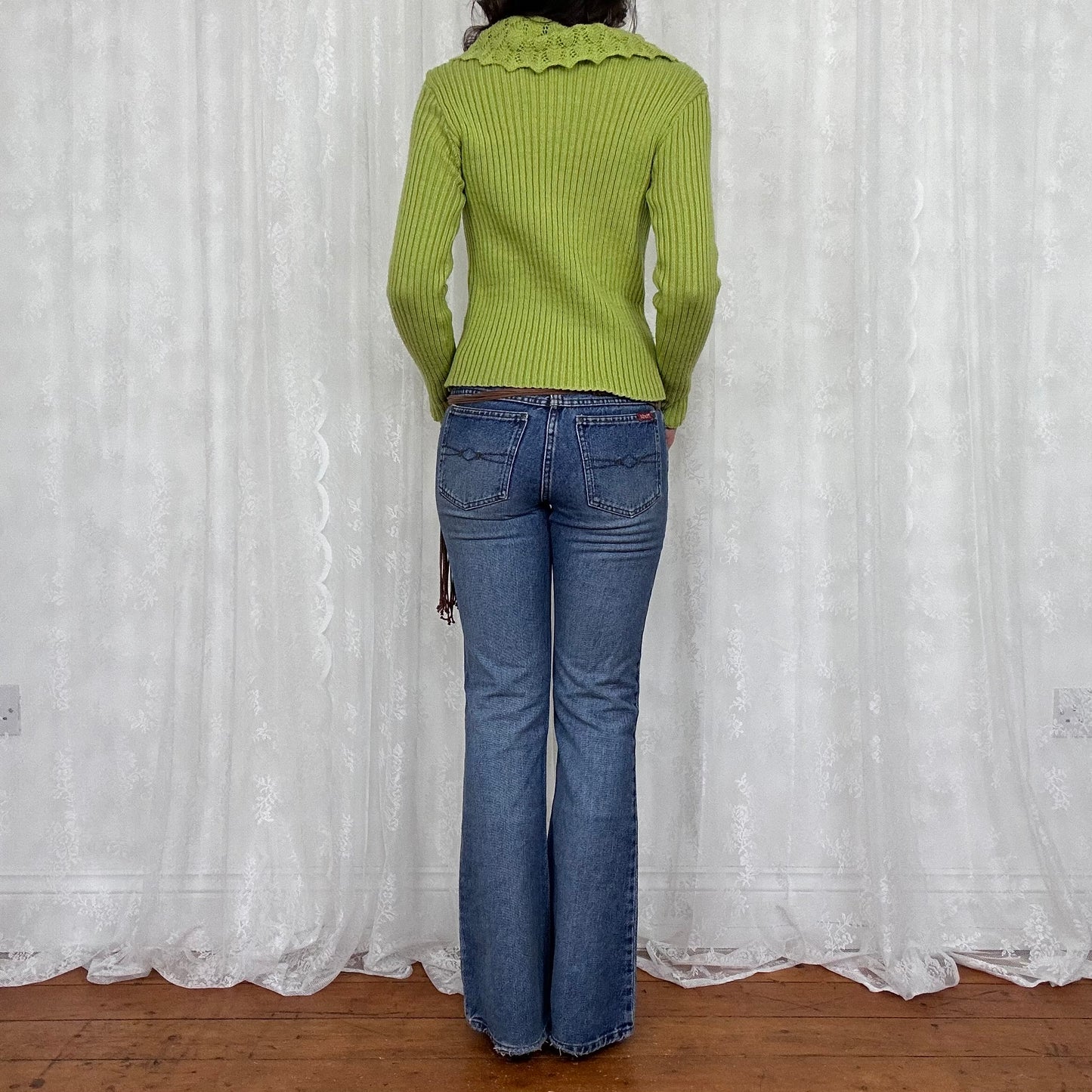 vintage 00s green knitted crochet collar jumper