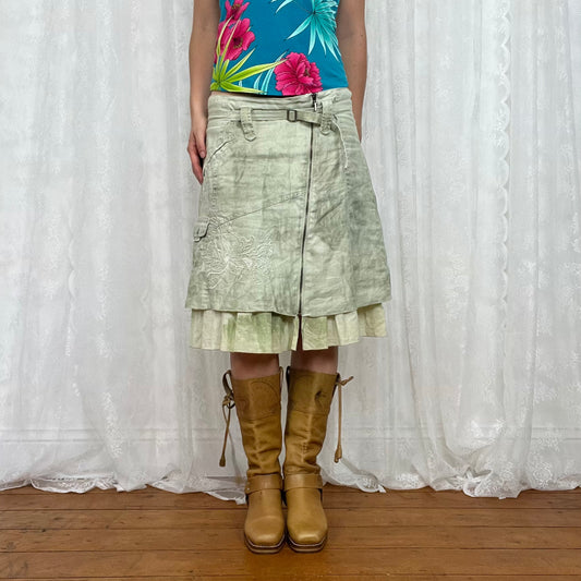 vintage 00s green embroidered midi skirt with belt