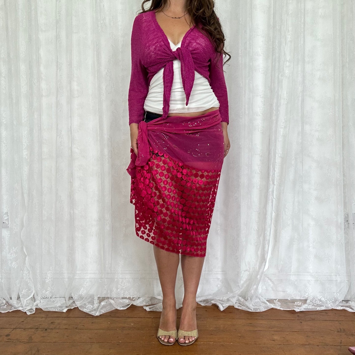 vintage 00s hot pink diamanté shawl / wrap skirt