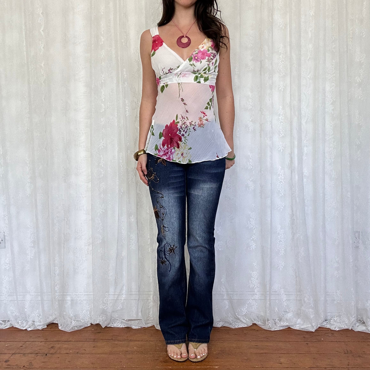 vintage 00s white floral tie back top