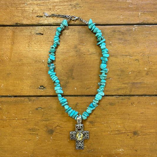 vintage 00s blue stone cross necklace