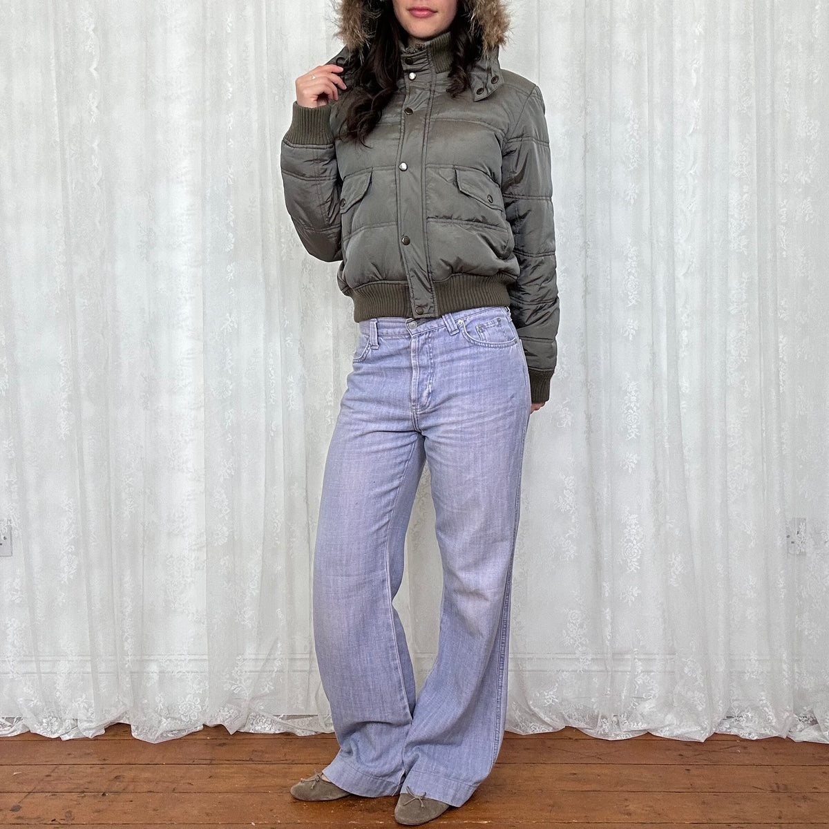 vintage 00s grey / brown hooded bomber with faux fur trim