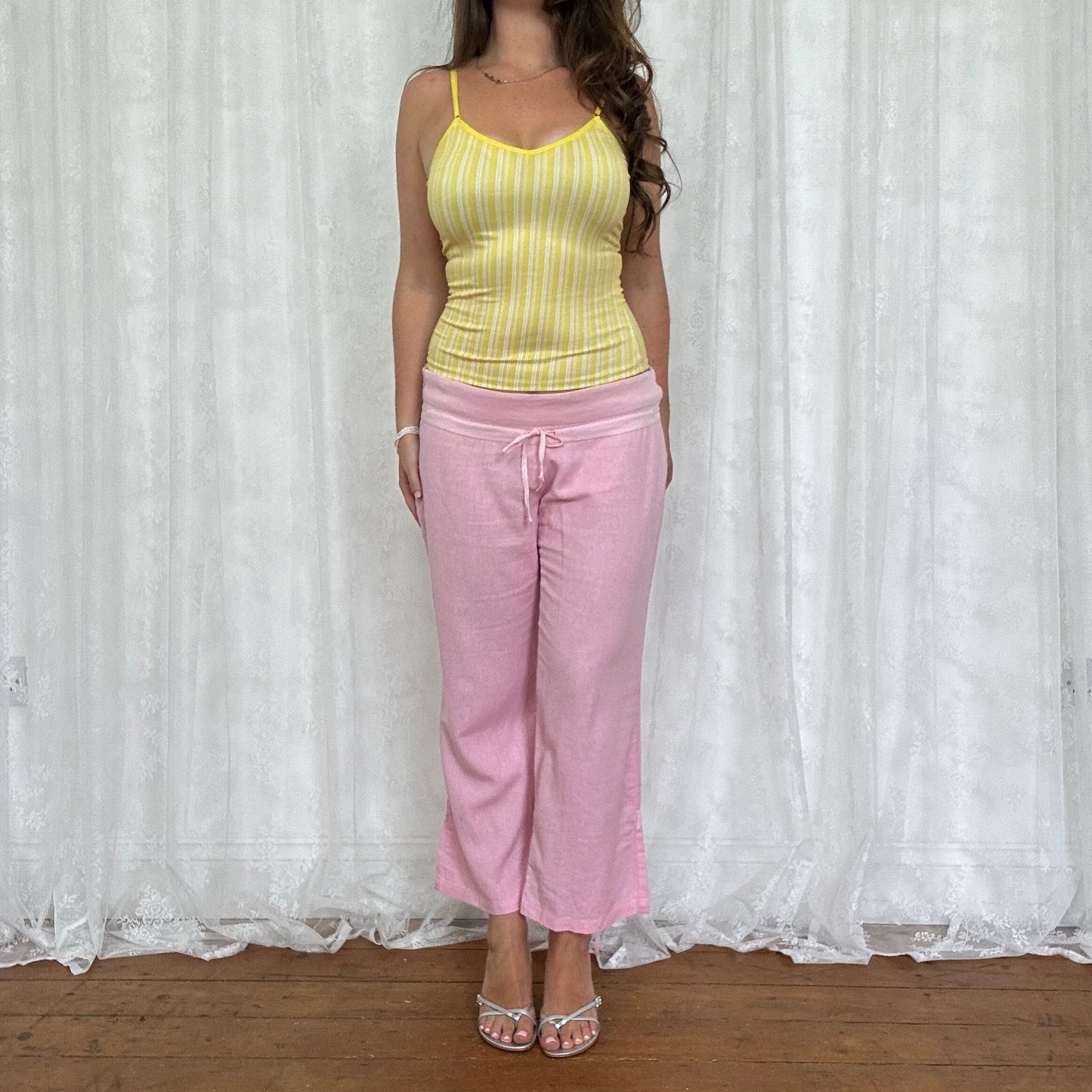 vintage 00s baby pink linen cropped trousers