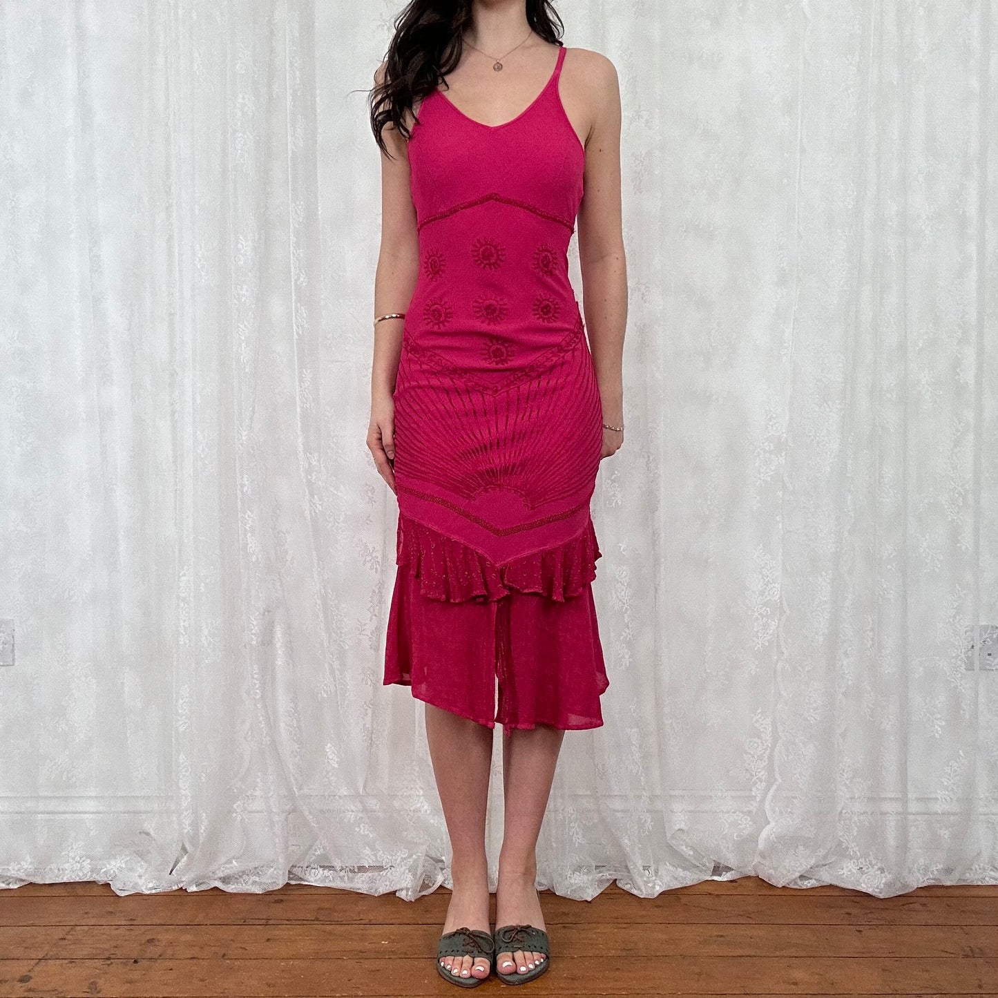 vintage 00s dark pink embroidered midi dress