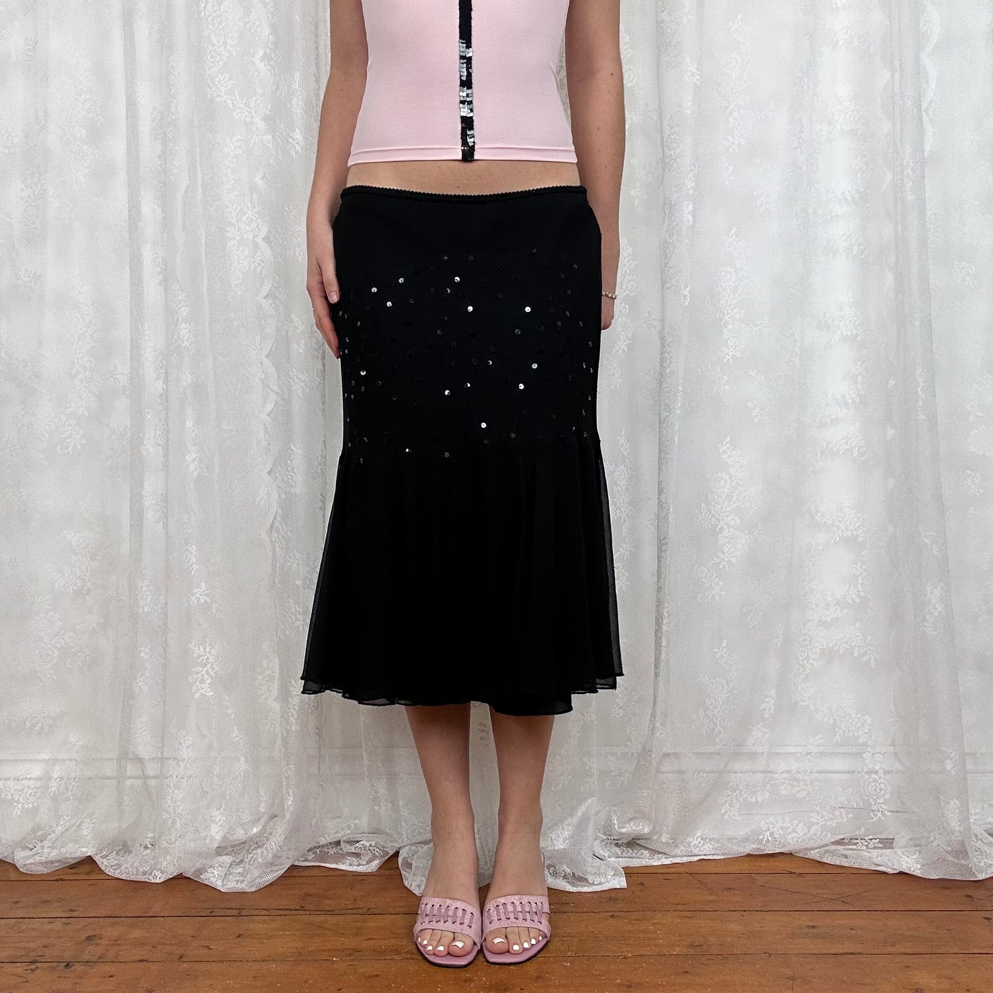 vintage 00s black mesh sequin midi skirt