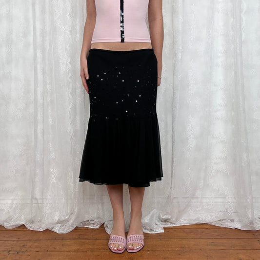 vintage 00s black mesh sequin midi skirt