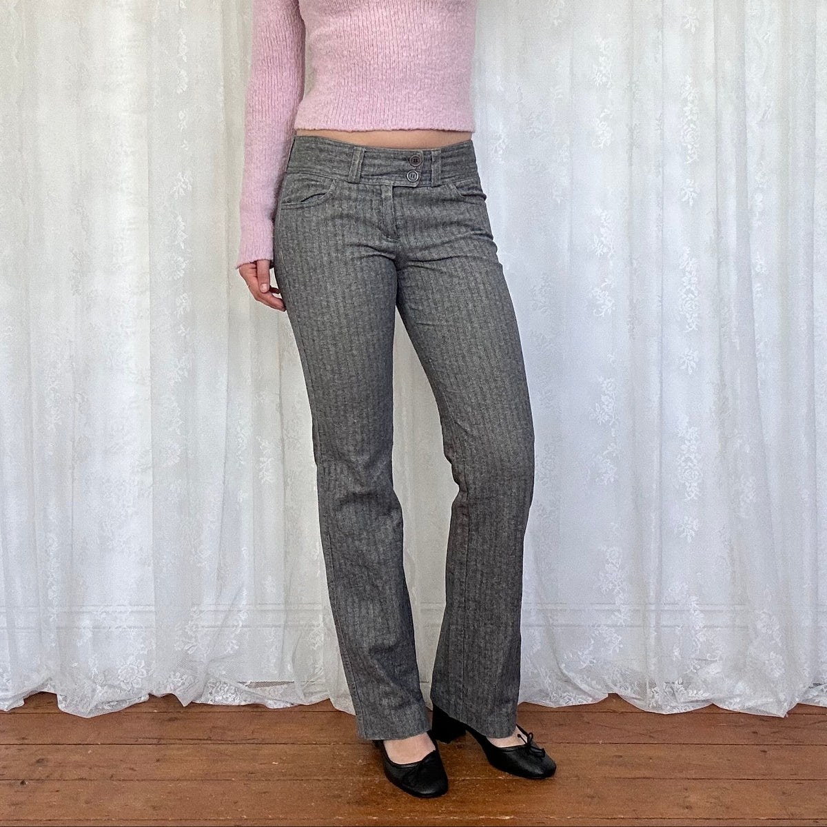 vintage 00s grey pinstripe low rise suit trousers