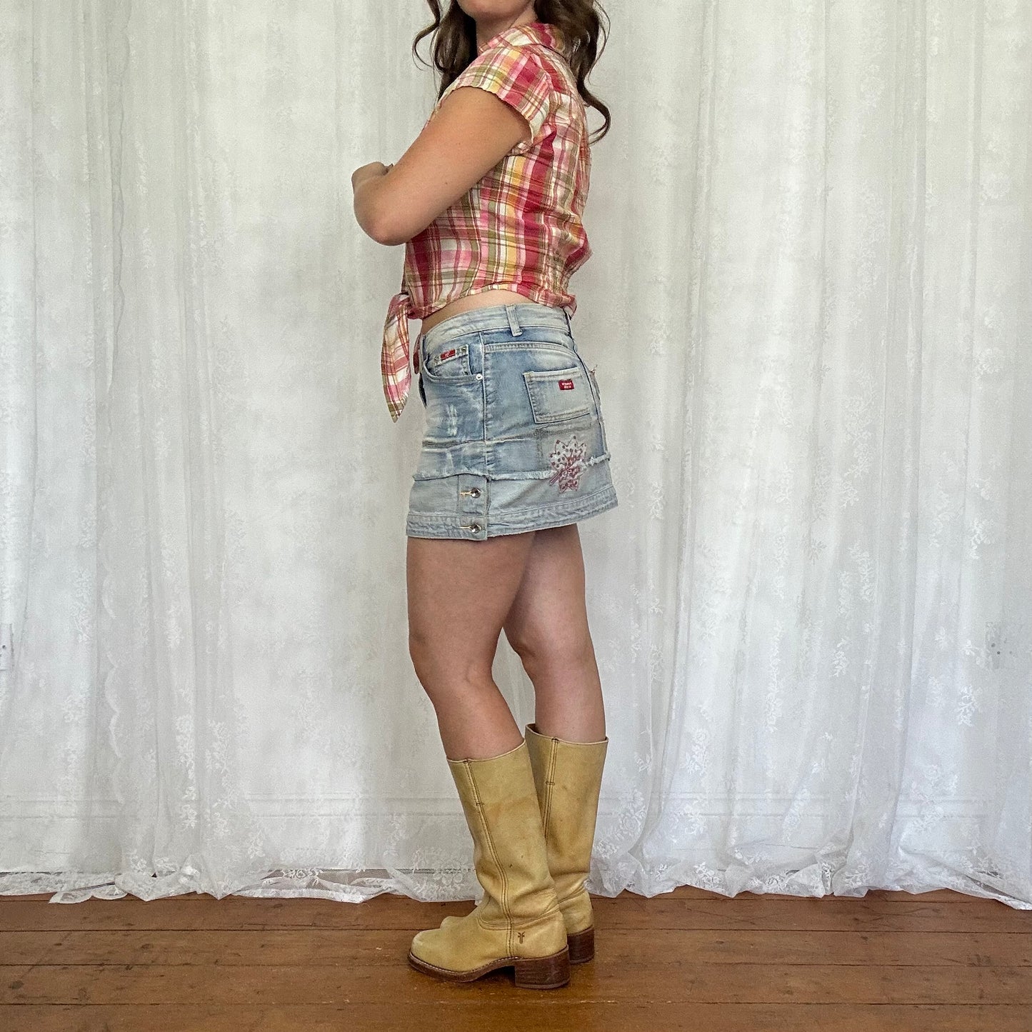 vintage 00s light wash denim layered mini skirt
