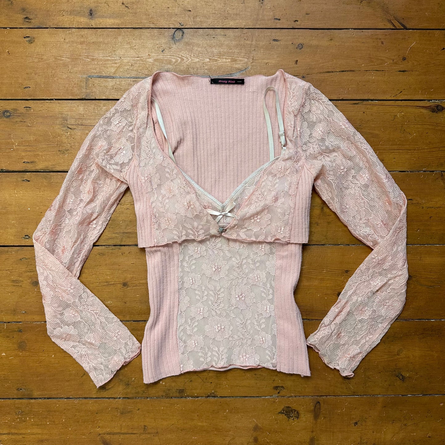 vintage 00s baby pink lace long sleeve top and cardigan co ord