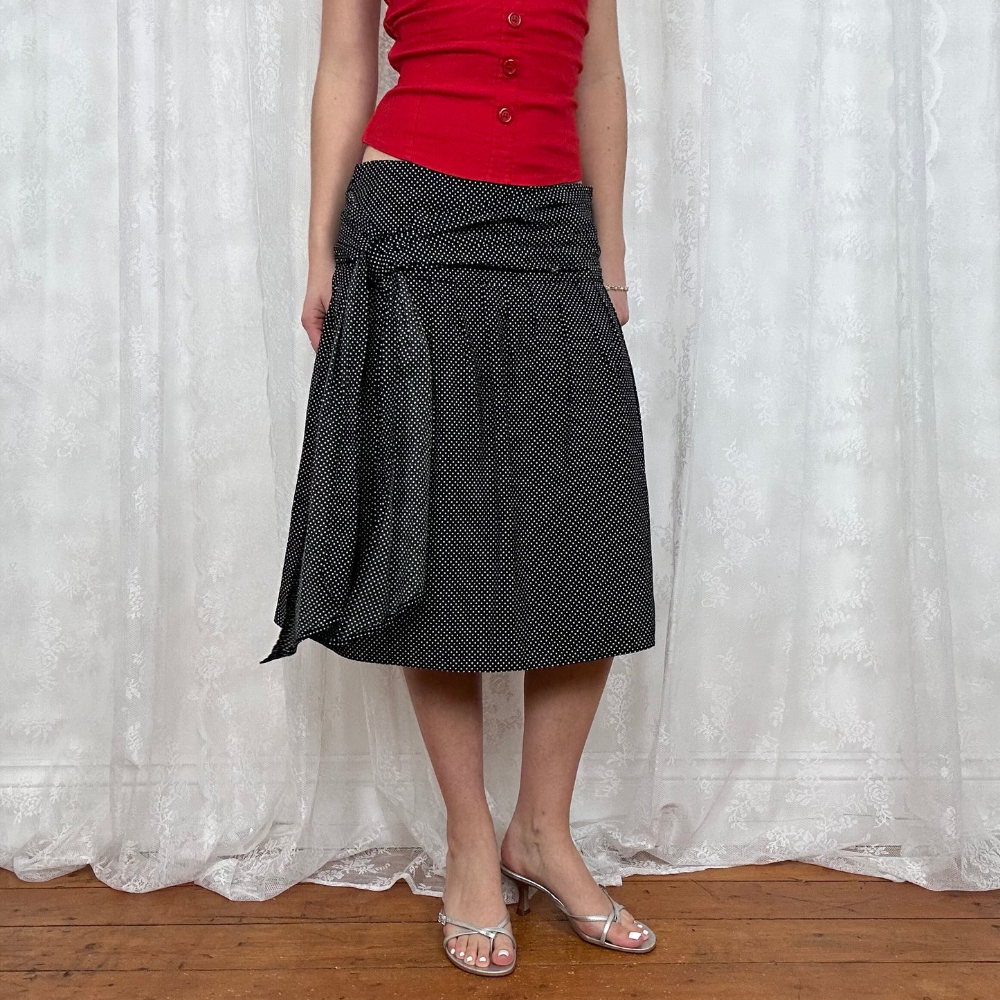 vintage 00s polka dot tie waist midi skirt
