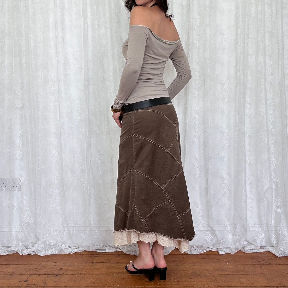 vintage 00s brown long sleeve off shoulder top