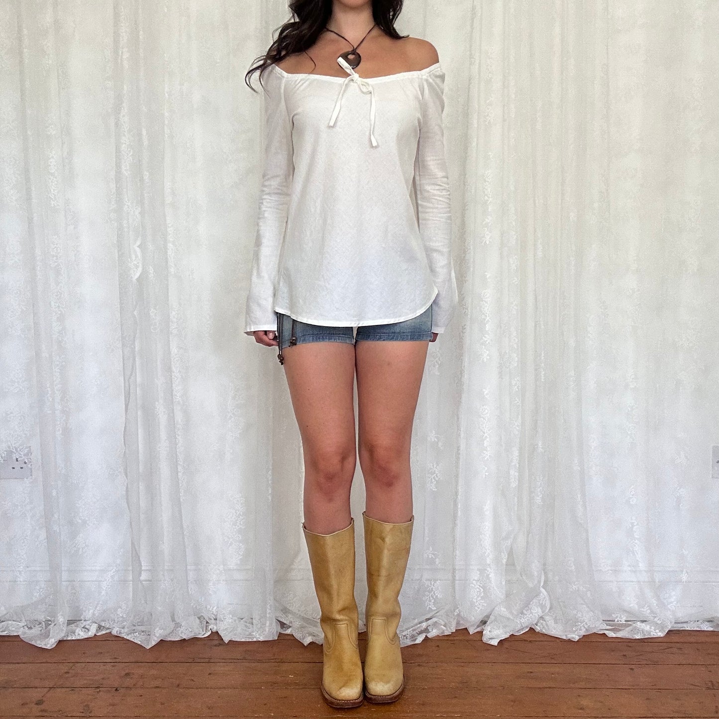 vintage 00s white flared sleeve off shoulder top