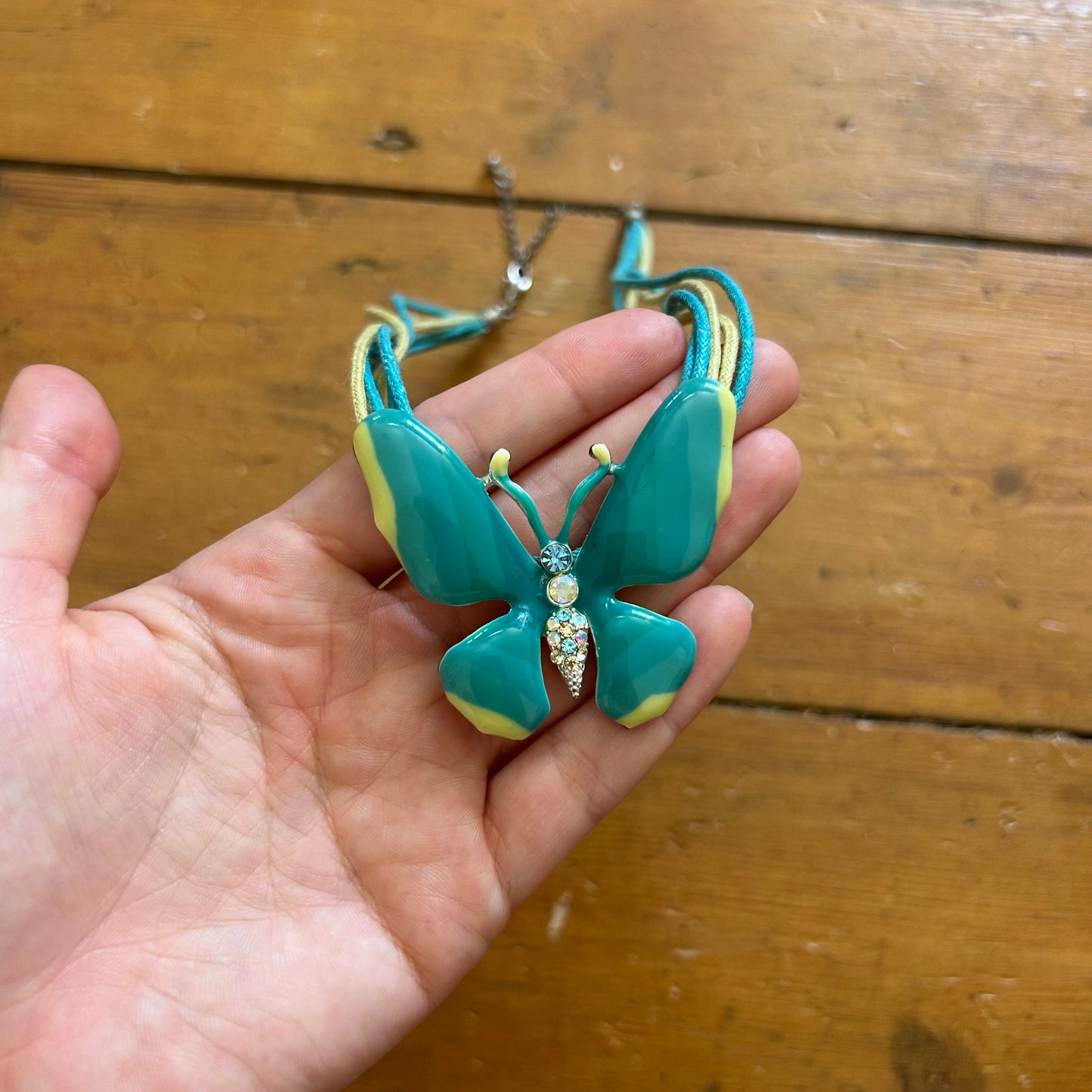 vintage 00s teal and yellow butterfly pendant necklace