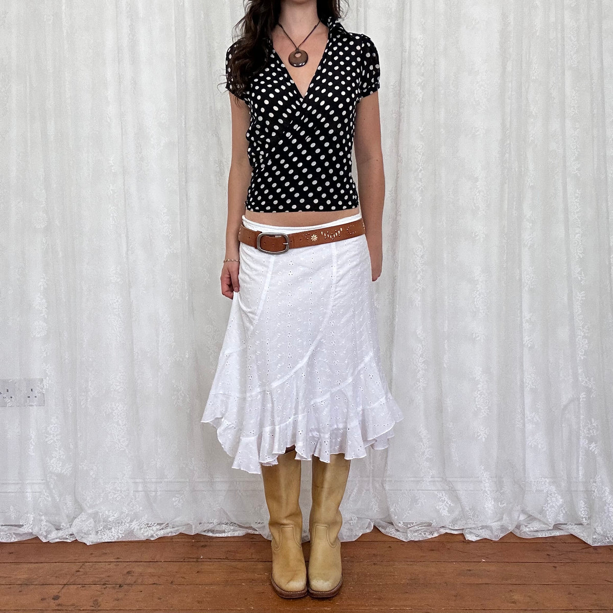vintage 00s black polka dot silk wrap shirt