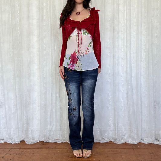 vintage 00s red ruffle tie up bolero