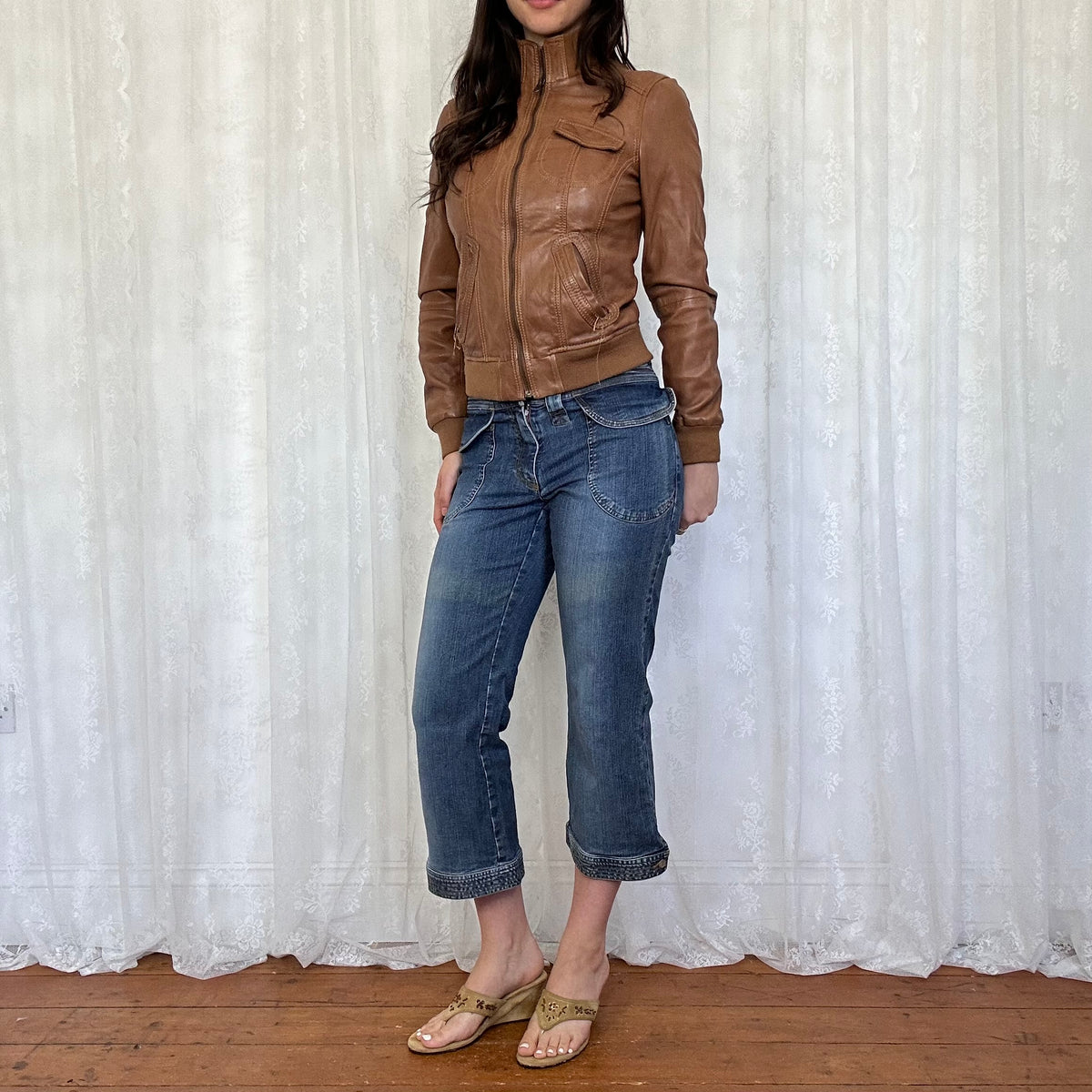 vintage 00s tan fitted leather jacket