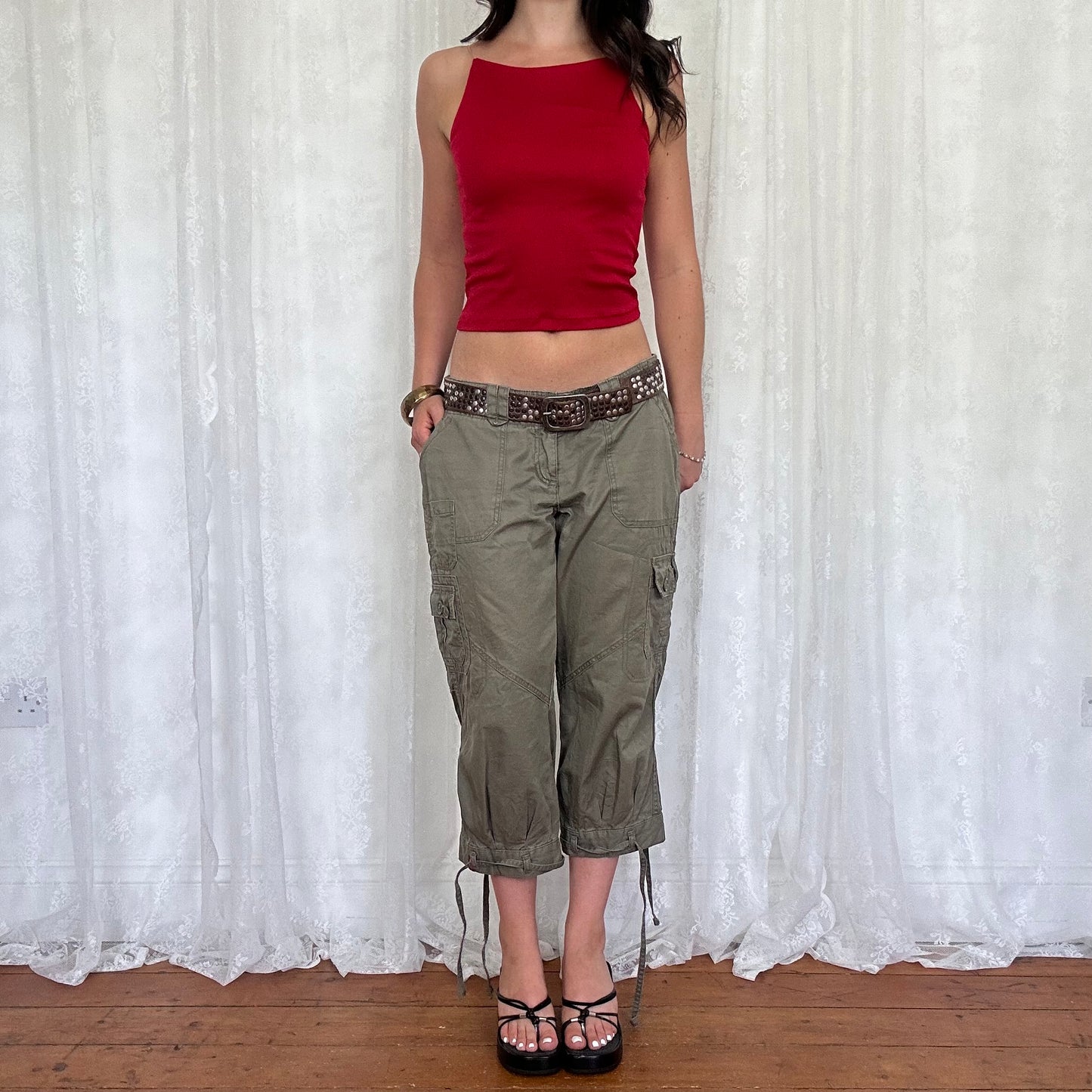 vintage 00s red high neck cami with clear straps
