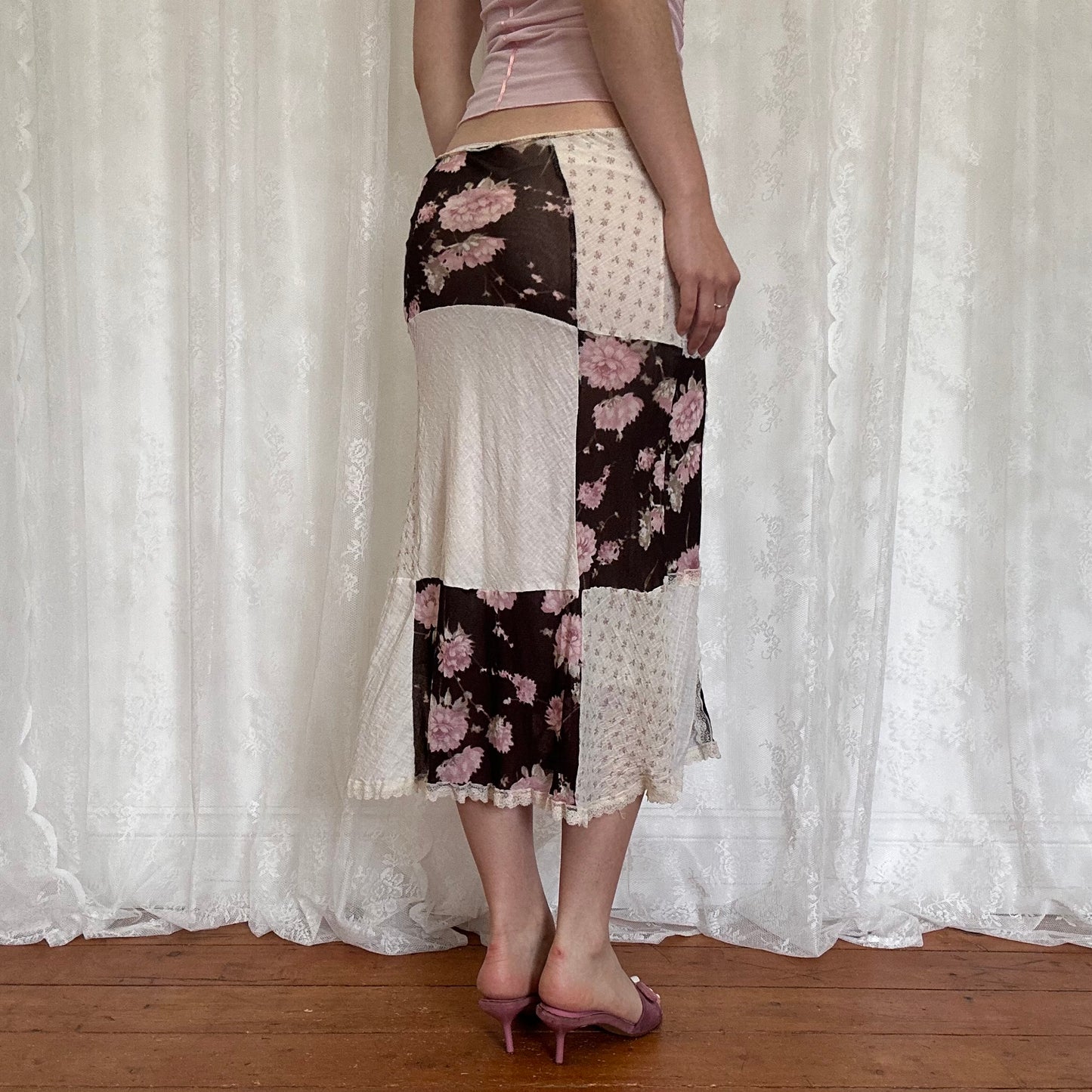vintage 00s cream brown and pink floral patchwork midi skirt