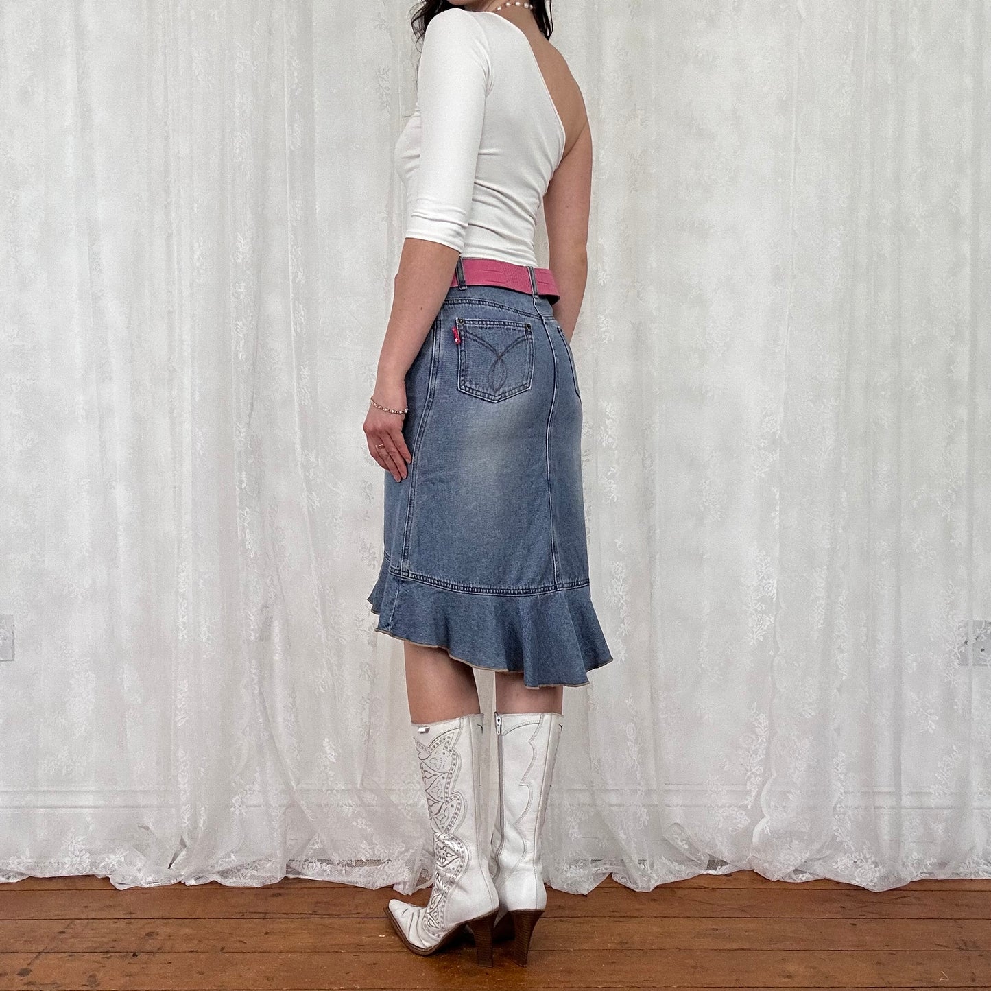 vintage 00s white slinky one shoulder cut out top