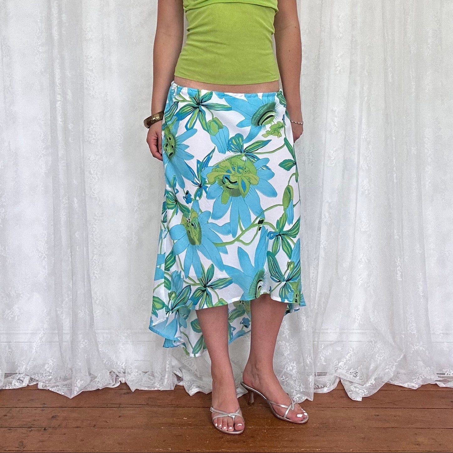 vintage 00s white and blue floral mesh midi skirt