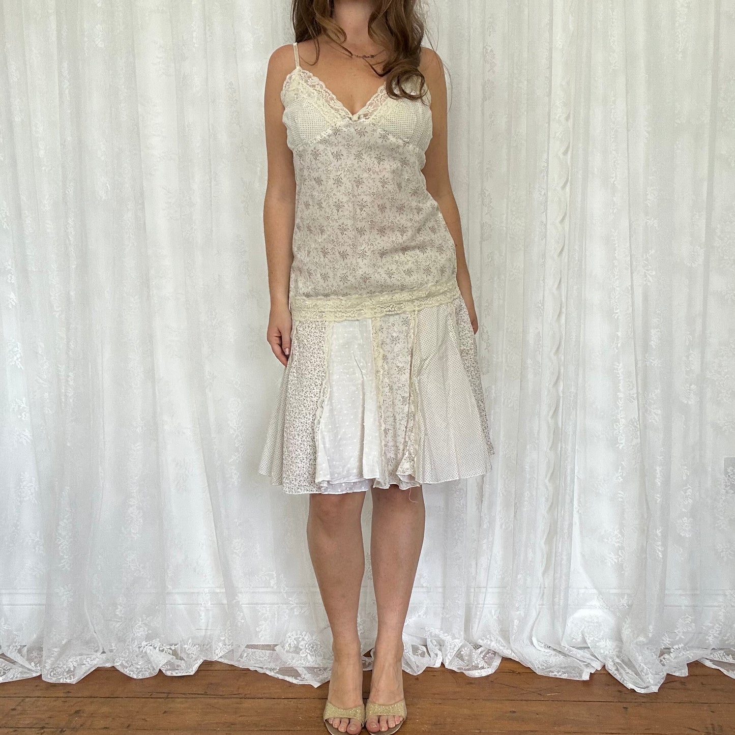 vintage 00s cream lace floral cami and skirt co ord