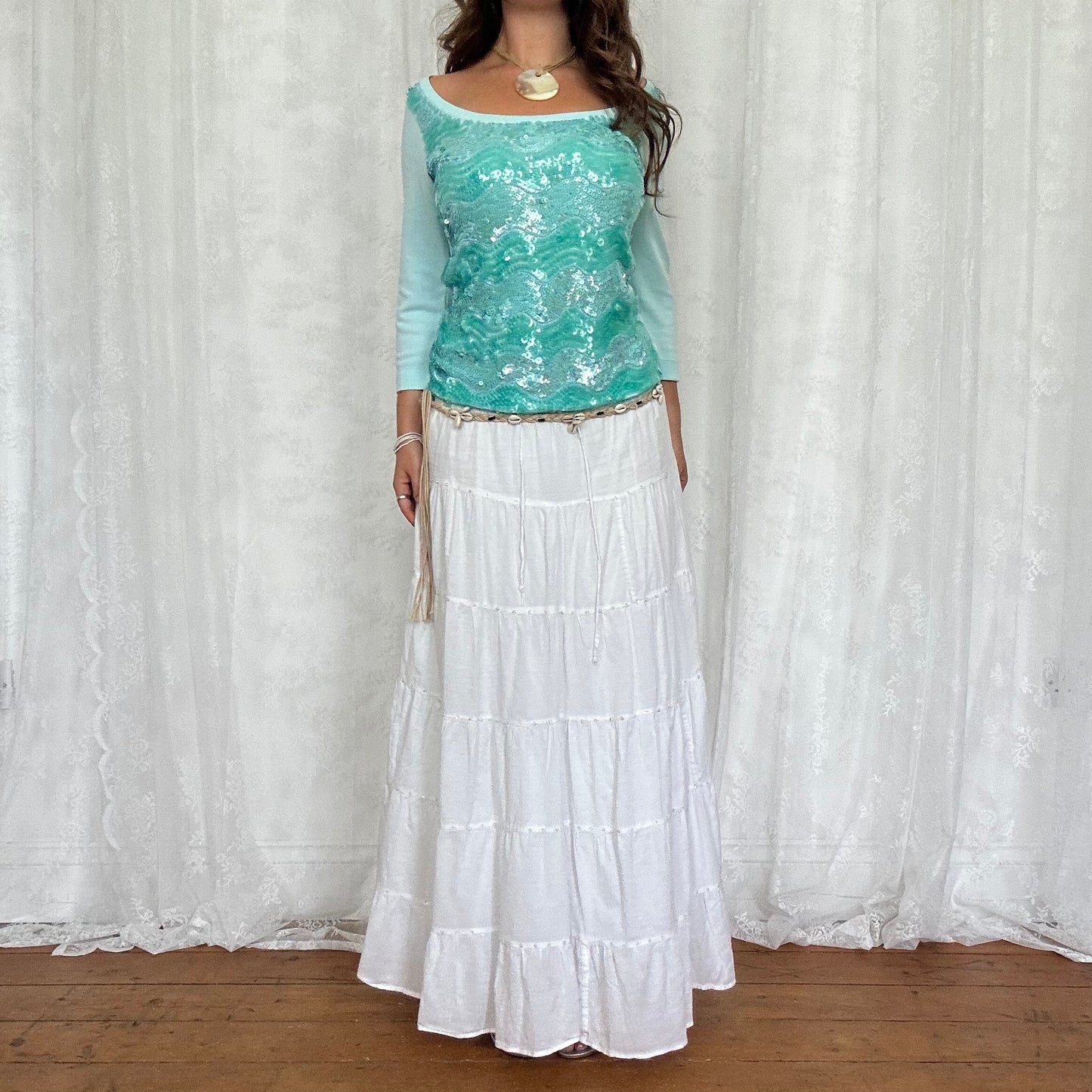 vintage 00s white tiered maxi skirt with sequin detail