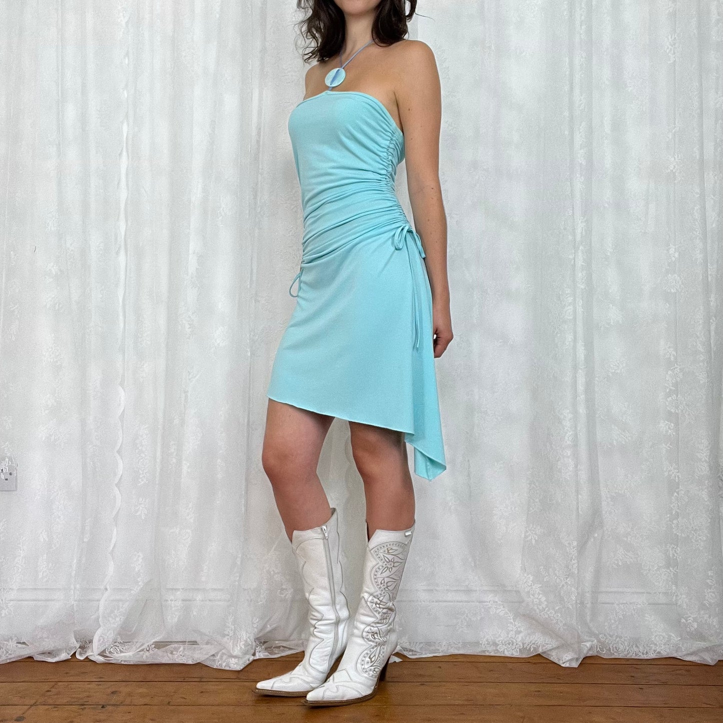 vintage 00s blue ruched halter dress