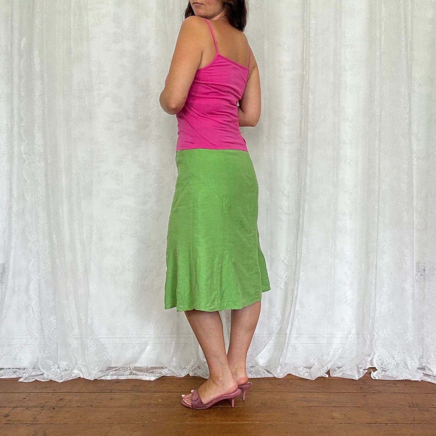 vintage 00s green linen midi skirt
