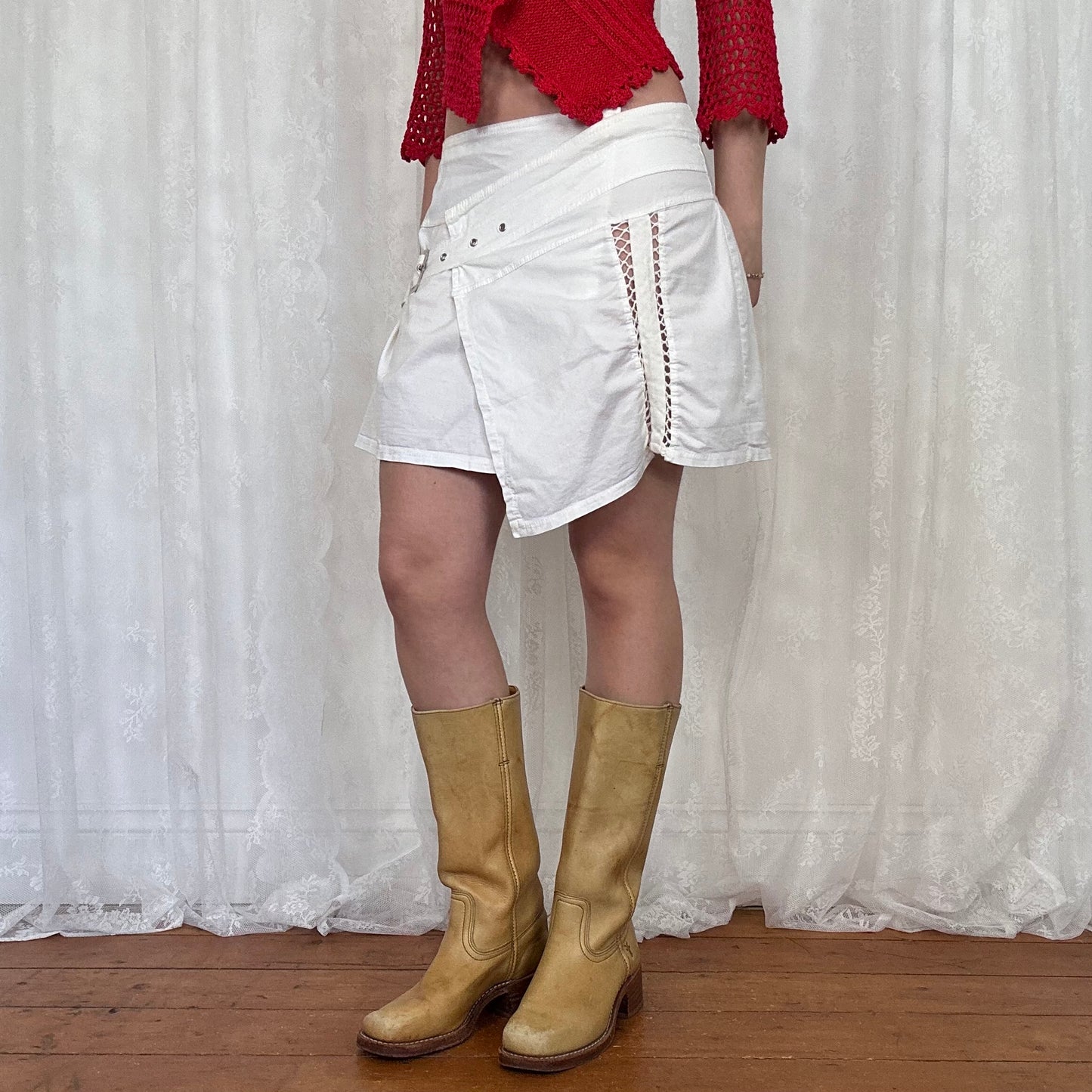 vintage 00s white buckle mini skirt