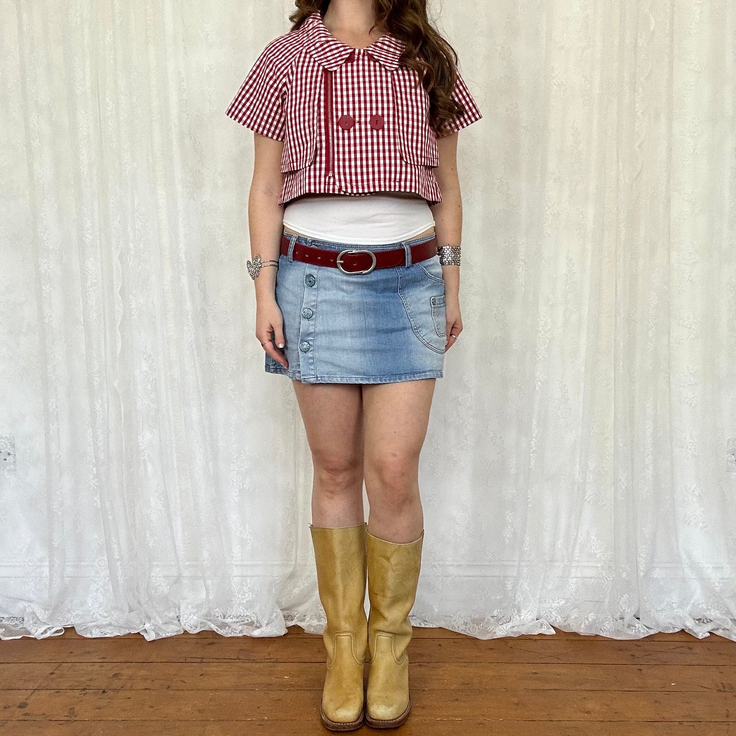 vintage 00s red gingham crop peacoat