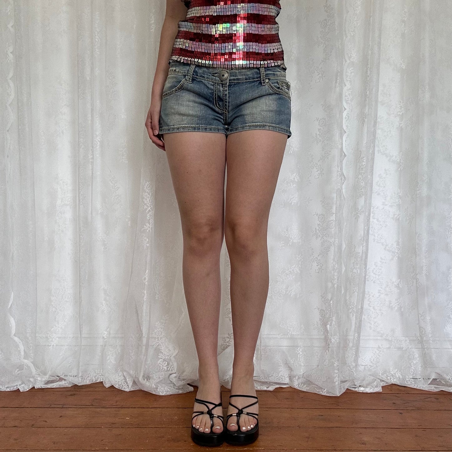 vintage 00s denim micro mini shorts with contrast stitching