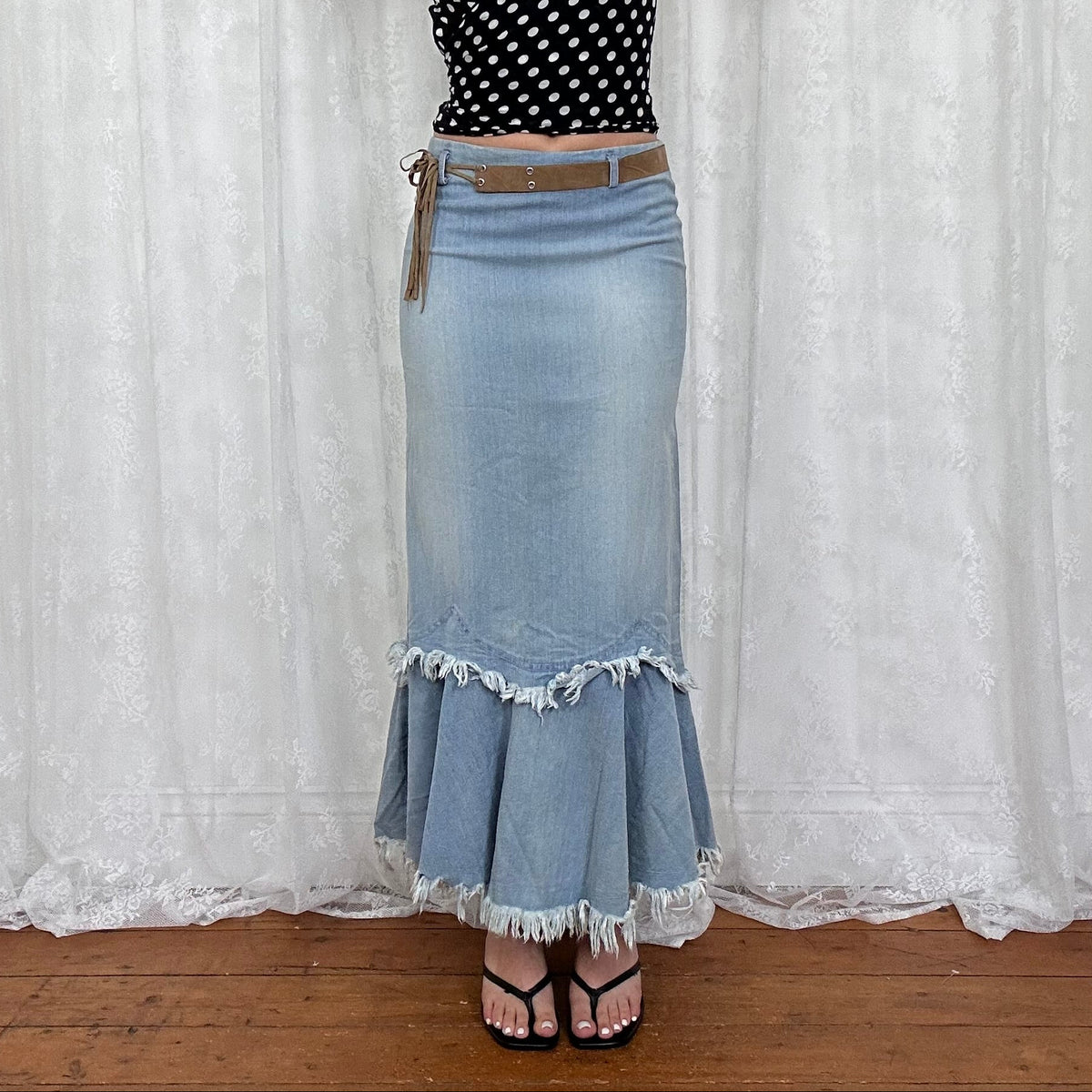 vintage 00s denim fishtail maxi skirt with attached belt