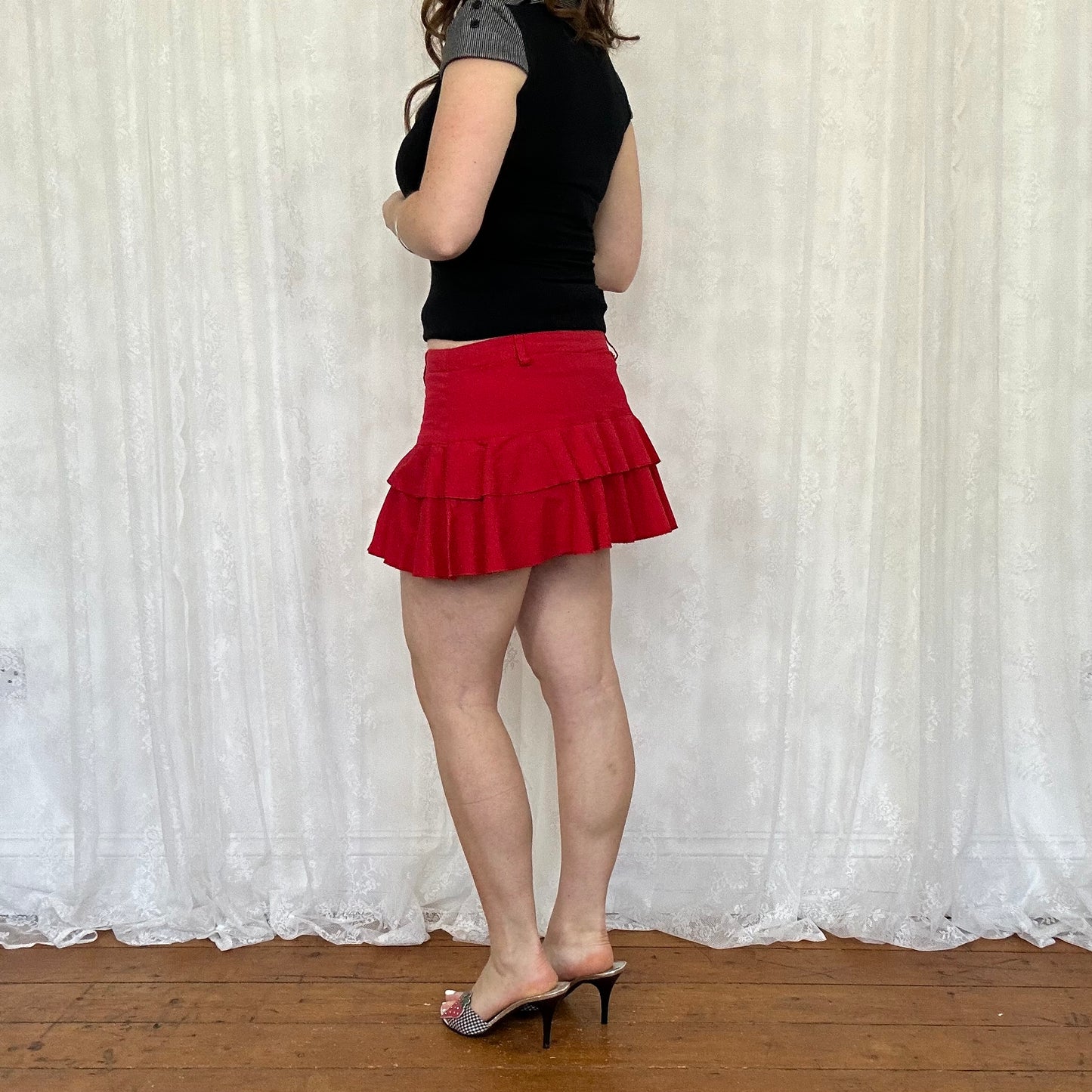 vintage 00s red frill hem mini skirt