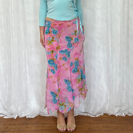 vintage 00s pink floral sequin mesh midi skirt