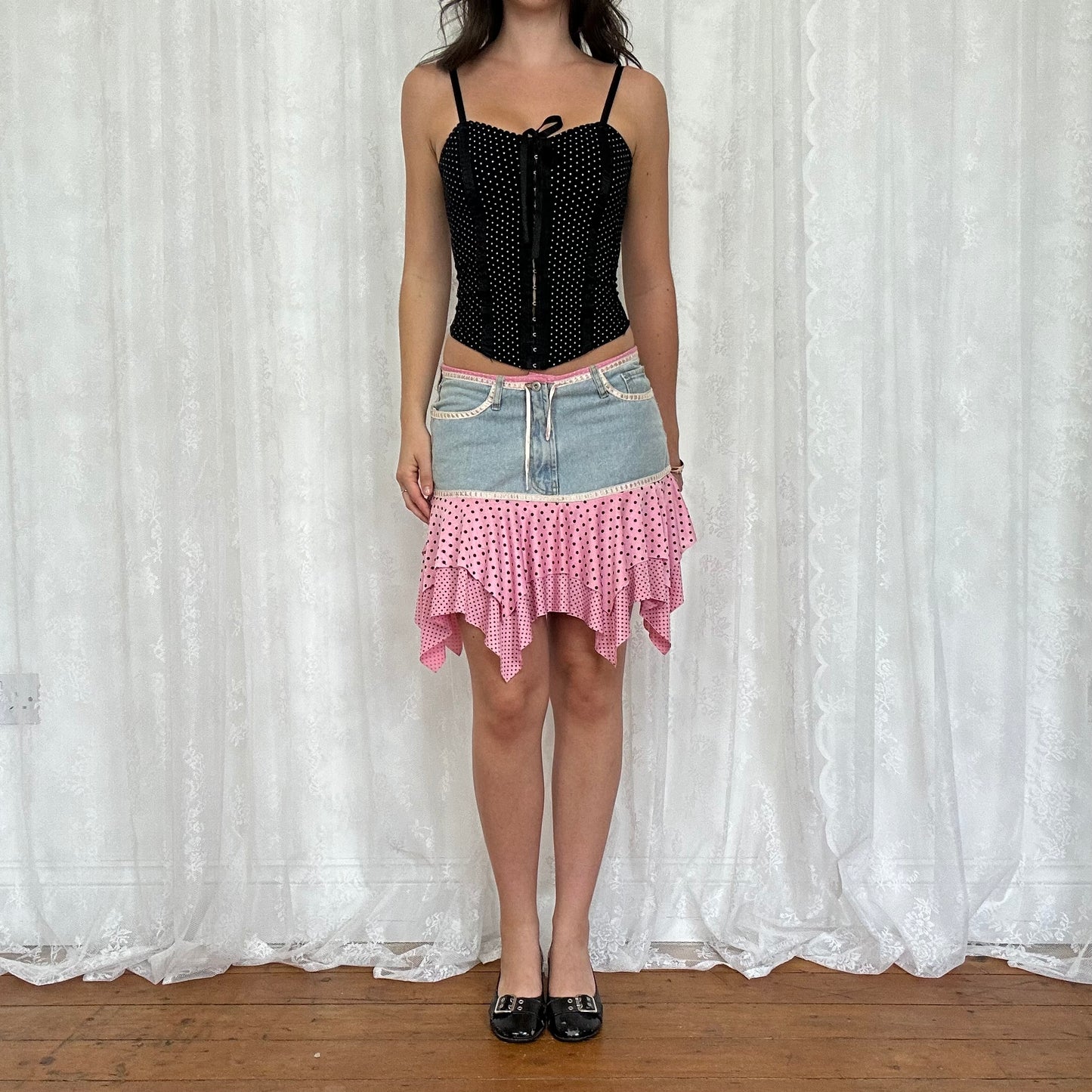 vintage 00s pink and black polka dot denim mini skirt
