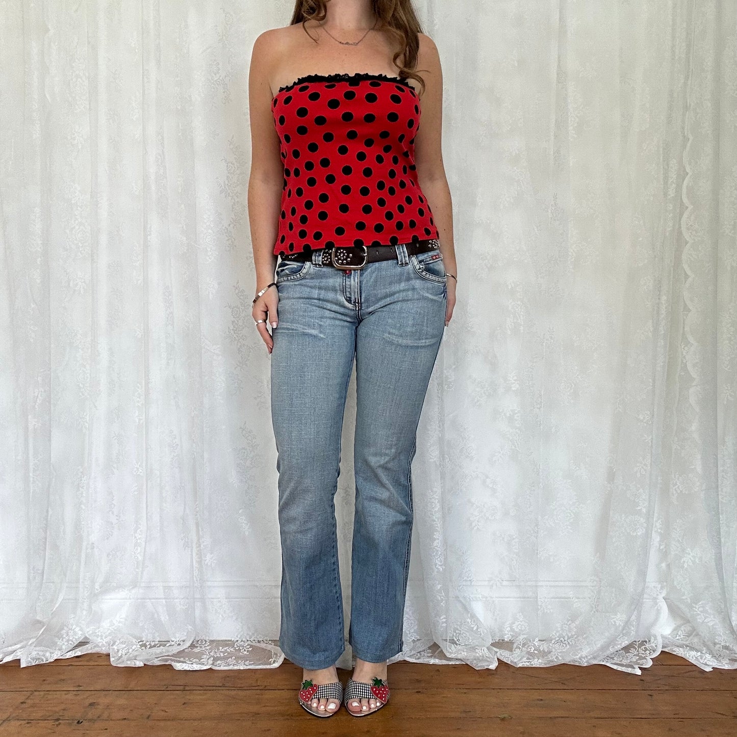 vintage 00s red and black polka dot strapless top