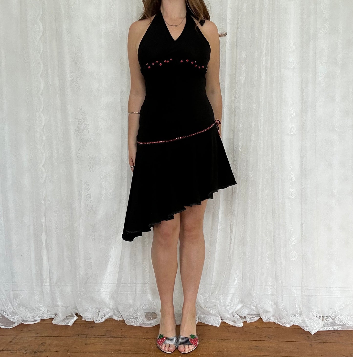 vintage 00s black hater dress with red sequin detail