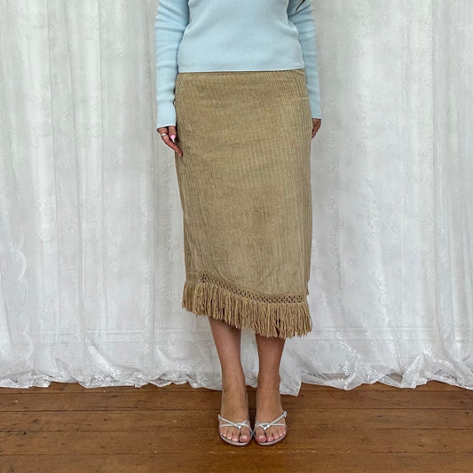 vintage 00s beige cord fringe midi skirt