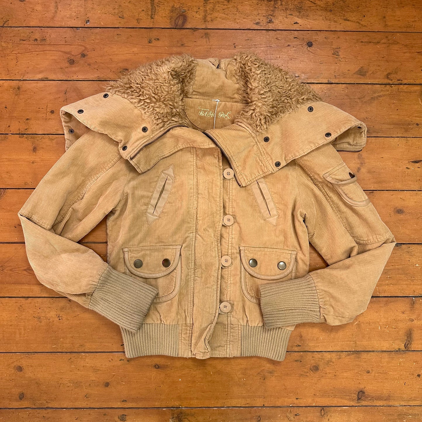 vintage 00s beige cord split hood bomber jacket