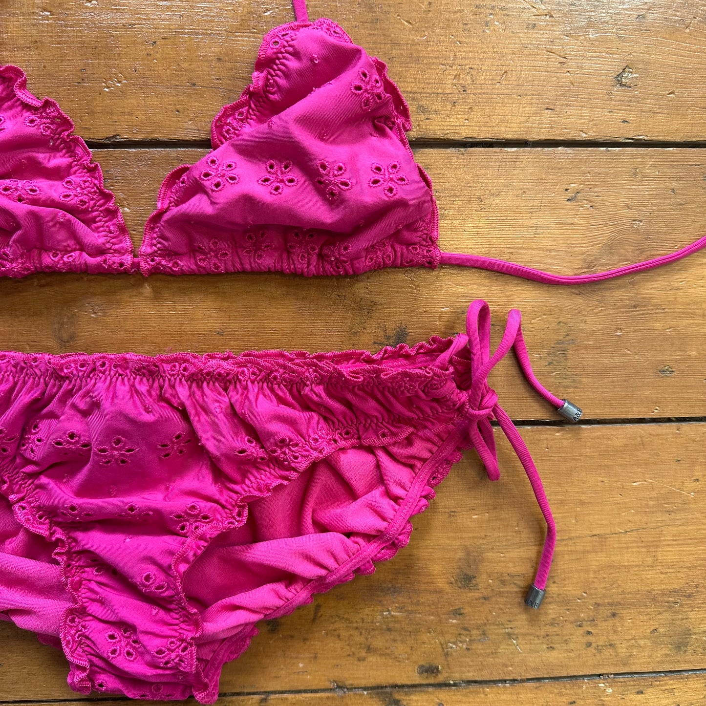 vintage 00s hot pink brooderie ruched bikini set