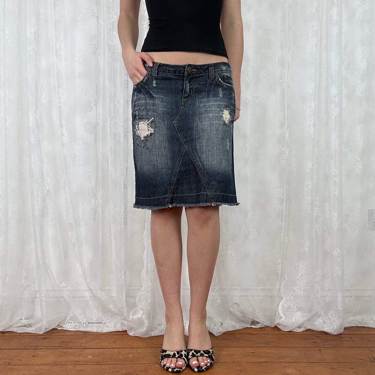 vintage 00s studded denim midi skirt