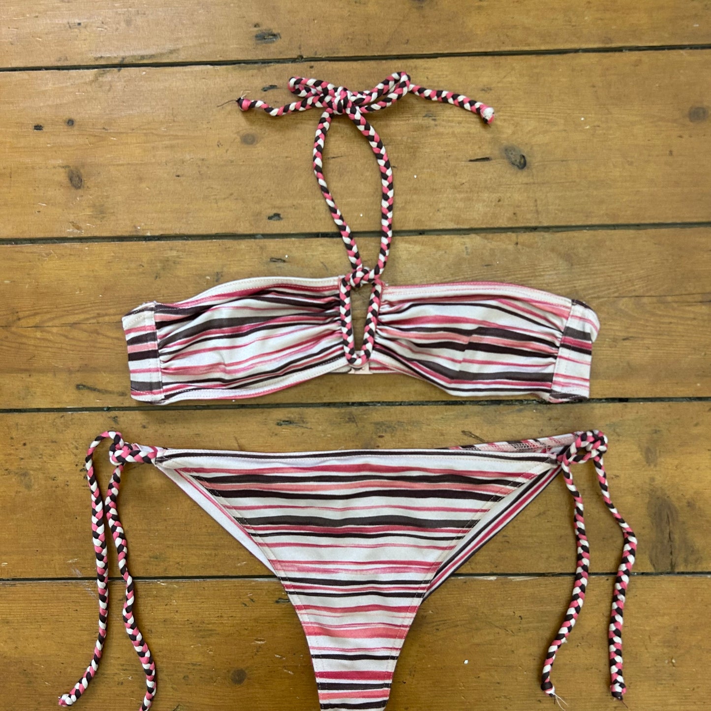 vintage 00s brown and pink stripe bikini