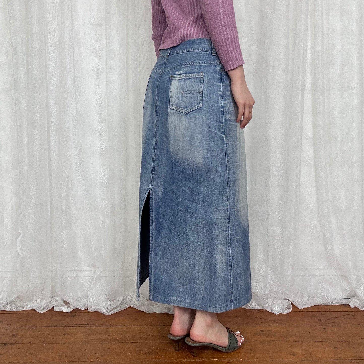 vintage 00s light wash denim maxi skirt