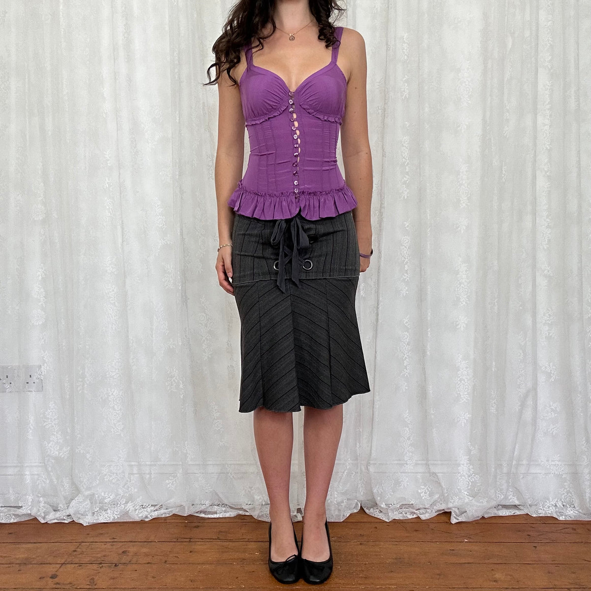 vintage 00s grey pinstripe fitted midi skirt